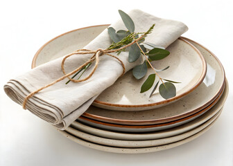 Stacked plates with napkin and greenery create an elegant table setting arrangement design
