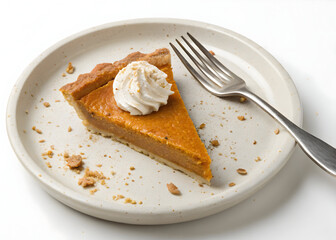 a slice of delicious pumpkin pie dessert with whipped cream and a fork on a plate