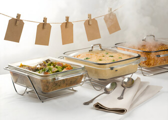 Three glass casserole dishes with food sit next to spoons and tags on a string line
