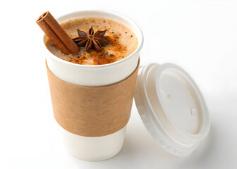 Aromatic spiced chai latte with cinnamon stick and star anise served in paper cup drink