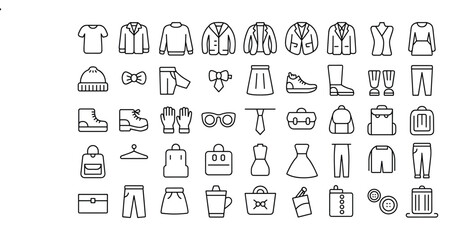 Fototapeta premium Assortment of clothing and accessory line art icons for fashion and style Keywords: clothing, fashion, apparel, style, outfit