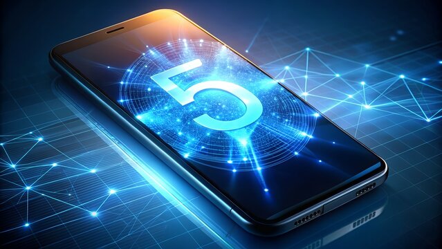 A modern smartphone showcases the number 5 and a glowing network, representing the advent and speed of 5g wireless technology - Powered by Adobe