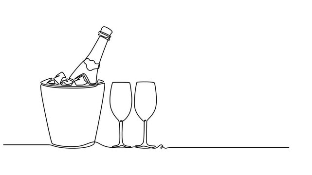 Wine bucket with bottle continuous one line drawing animation, Elegant Wine Icons, Illustration of a wine cooler, Wine Bottle and Bucket