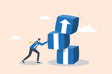Businessman Pushing Three Stacked Boxes That Transform into an Upward Arrow, symbolizing teamwork, growth, and progress in business.