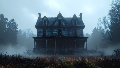 Obraz premium An old, spooky abandoned mansion shrouded in thick, eerie fog on a dark night, creating a mysterious and haunted atmosphere