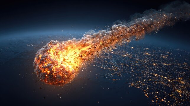 A meteorite or asteroid in space, emitting a fiery trail of debris and smoke. - Powered by Adobe
