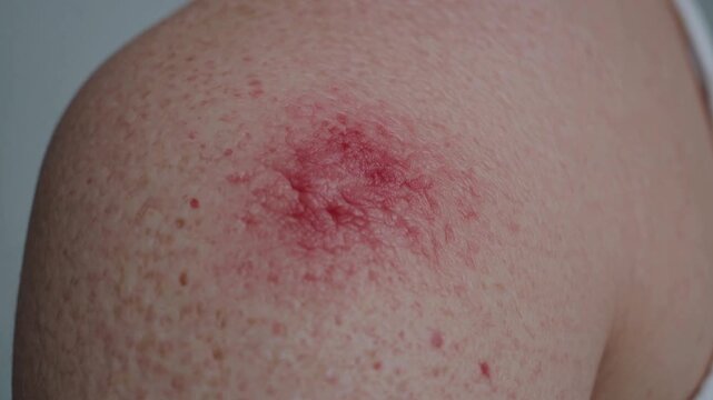 Skin irritation observed on shoulder shows redness and inflamed area requiring possible medical attention