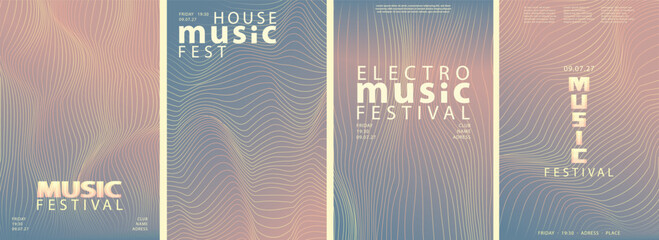 Collection of Electro Techno House Music Festival Banner, Shiny Light template, Modern Poster, Early Evening, Summer Sunrise Energy. Vertical Backgrounds