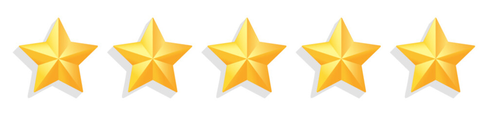 Five gold stars rating without background.