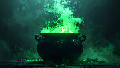 Mystical Cauldron Emitting Intense Green Flames and Eerie Smoke in a Dark, Enchanted Setting, Evoking Ancient Magic and Potent Spells