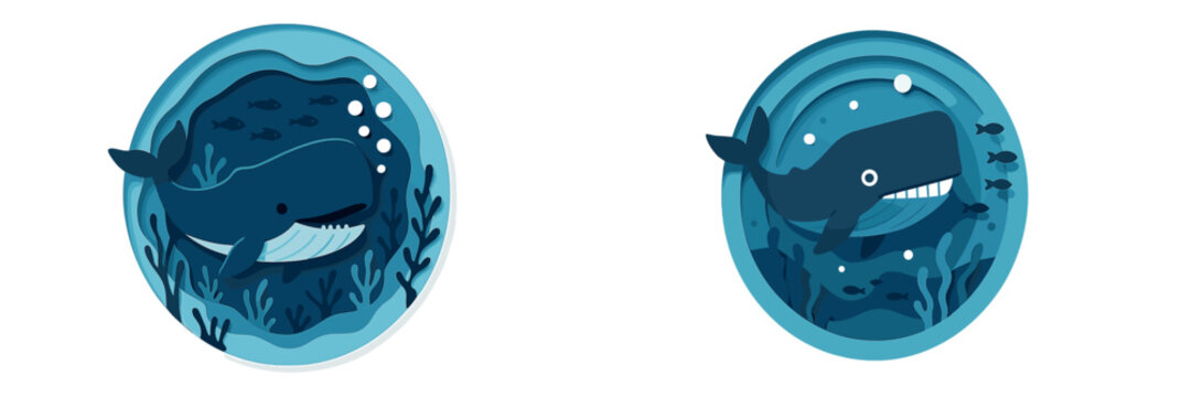 Artistic paper cut design of cute whale characters swimming underwater in a circular frame with ocean plants and fish