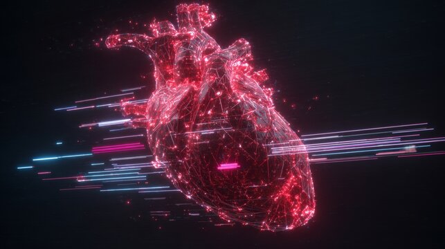 Red Neural Network Heart with Data Streams, Floating in Digital Void, Intense Energy Pulse, Cyberpunk Lighting, Love in the Digital Age Concept