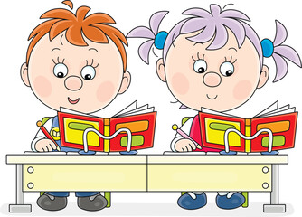Funny little schoolgirl and schoolboy reading their textbooks and writing a test in exercise books at a lesson in a classroom of a primary school, vector cartoon illustration on a white background