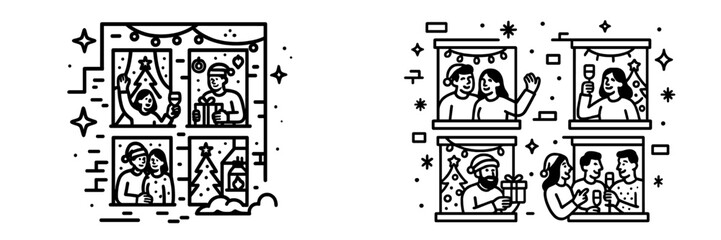 People celebrating Christmas and New Year in decorated apartment windows with gifts, a black and white set showing community holiday spirit