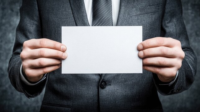 A man in a suit holding a blank card.