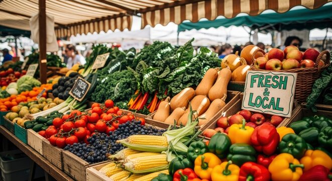 A vibrant outdoor market stall overflows with an abundance of colorful fresh produce including tomatoes squash and leafy greens under a striped awning - Powered by Adobe