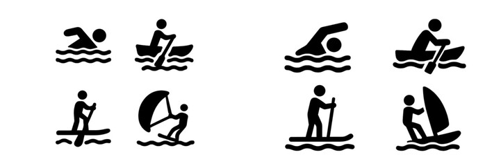 Water sports icon set with swimming, rowing, paddleboarding, and windsurfing symbols for summer activities