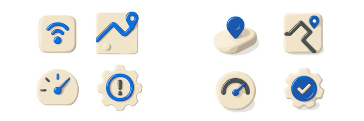 Volumetric 3D icon set for user interface design featuring navigation, settings, speed, and connectivity symbols for web and mobile applications