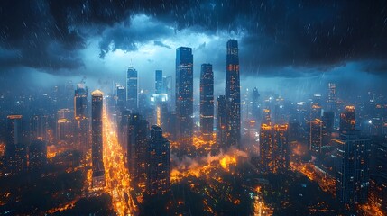 Fototapeta premium Dramatic city skyline at night during a heavy rainstorm with illuminated skyscrapers