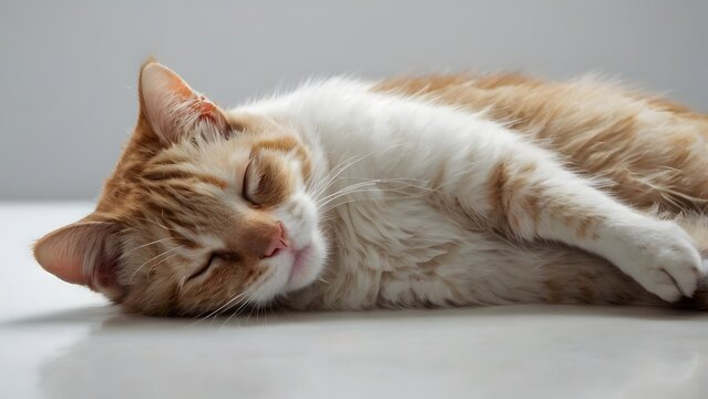 Cute ginger and white cat sleeping peacefully. Adorable domestic pet animal relaxing on a clean white background. - Powered by Adobe
