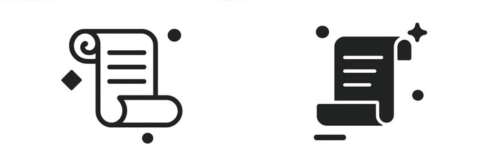 Monochrome icon set of ancient scrolls representing historical documents, laws, or decrees in a minimalist style