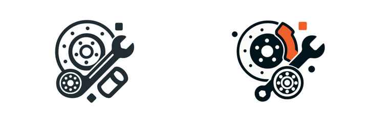 Automotive brake system service and repair icon collection showing a disc brake, caliper, wheel bearing, and essential mechanic tools