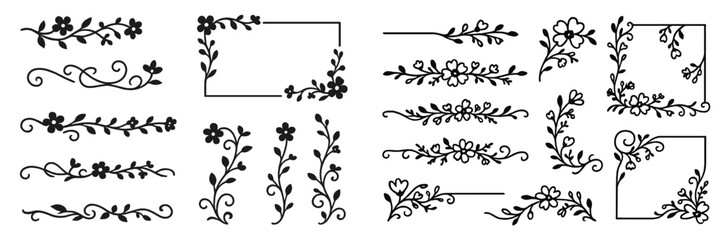 Fototapeta premium Elegant collection of hand drawn floral page dividers, text borders, ornate corners, and decorative frames isolated on white