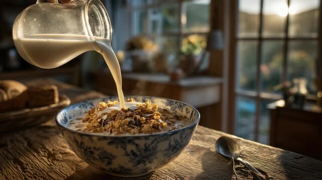 A serene dusk kitchen scene with golden hour light, featuring a hand pouring milk into multigrain cereal, casting soft shadows on textured wood.