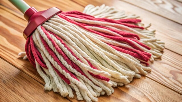Mop head with absorbent fibers drying on a wooden surface