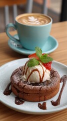 Delicious dessert with chocolate lava cake, ice cream, and cappuccino at a cozy cafe during afternoon