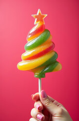 Christmas lollipop in woman hand in shape of Christmas tree. Vertical red background. Swirly sugar art.
