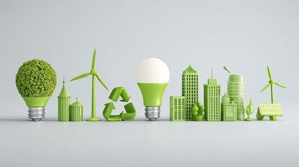 A green and white cityscape with green buildings, wind turbines, and recycling symbols.