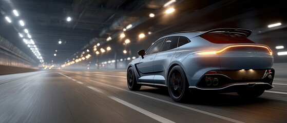 Blue SUV drives along a wet highway at night, showcasing vibrant headlights and a cinematic atmosphere that evokes adventure.