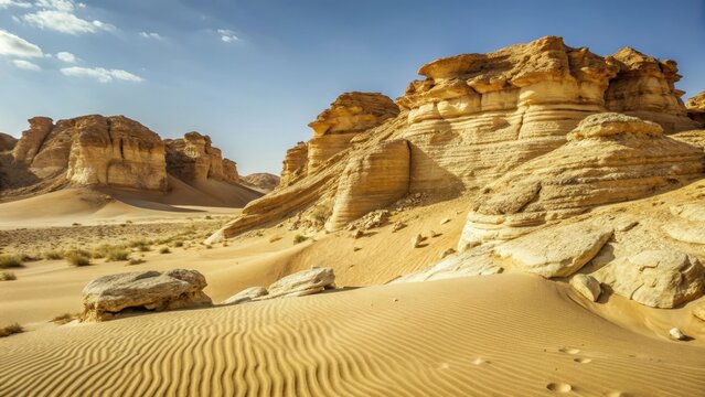 Desert sand dunes and rocky formations in Wadi El Rayan
