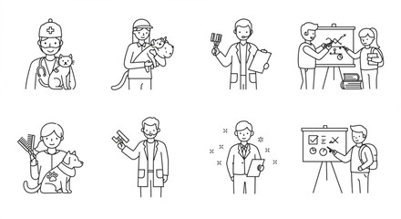 Collection of line art illustrations depicting various professionals and activities in outline style vreated with genrated ai