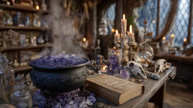 A mystical witch's lair with swirling purple smoke, potion bottles, quartz stones, and a tattered spellbook illuminated by candlelight.