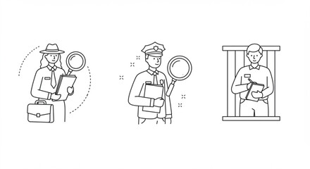 Three line art drawings depict a detective a police officer and a prisoner with notepad and pen vreated with genrated ai