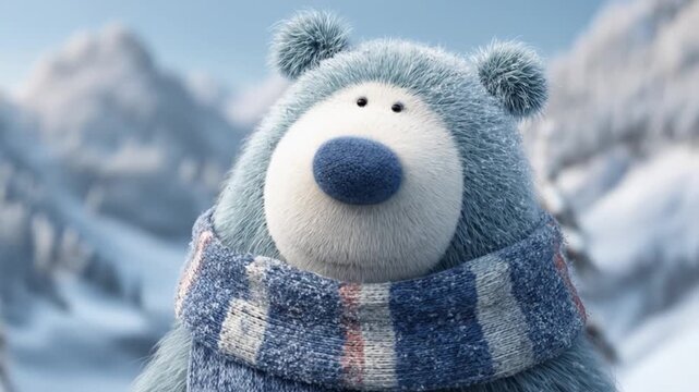 Animated polar bear wearing scarf in snowy landscape illustration