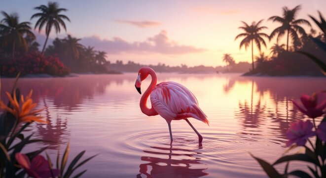 A vibrant pink flamingo stands gracefully in serene pink-tinted water Palm trees and flowering plants line the distant shore under a soft glowing sky