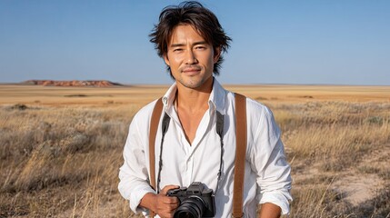 Gentle rays of sunset illuminate a joyful man in a white shirt and suspenders, capturing moments in a vast wheat field