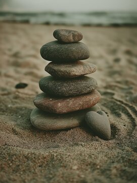 A tranquil stack of smooth stones resting on sandy beach, evoking a sense of balance and harmony in nature.