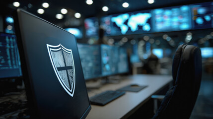 Cybersecurity shield monitor control room alert network data security operations center defense technology Calm focus in modern command hub