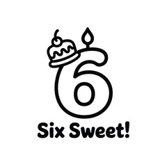 Cute number six birthday cake candle and cherry icon