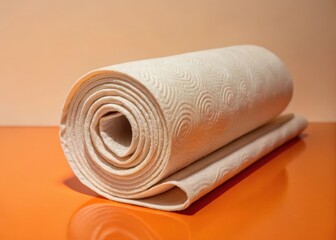 Fototapeta premium Softly fallen roll of white paper towels on a blue background with gentle folds and creases