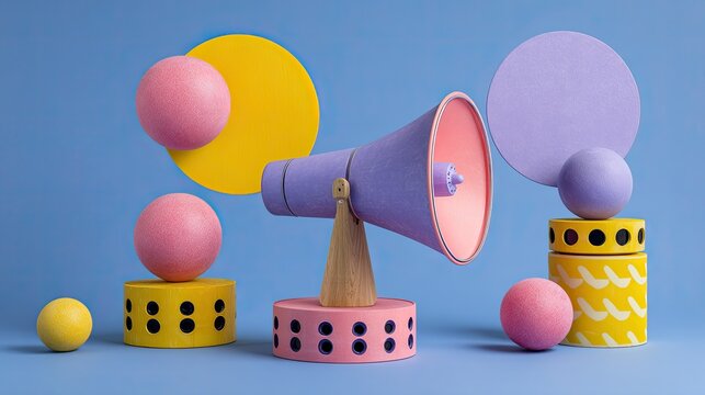 A colorful arrangement of geometric shapes and spheres on a blue background. - Powered by Adobe