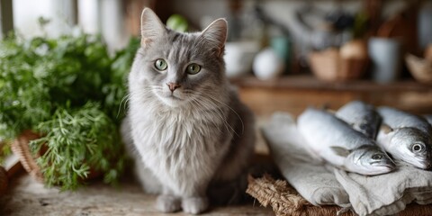 Fluffy gray cat with green eyes sitting near fresh fish and herbs in a cozy kitchen