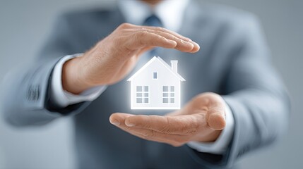 A man in a suit holding a house icon in his hands.