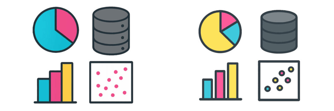 Data analytics and business intelligence visualization with pie chart, bar graph, database server, and scatter plot for information display