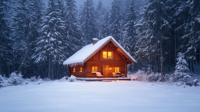 Snow covered cabin in winter forest