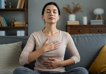 Woman practicing deep breathing exercise in a comfortable living room setting finding inner peace